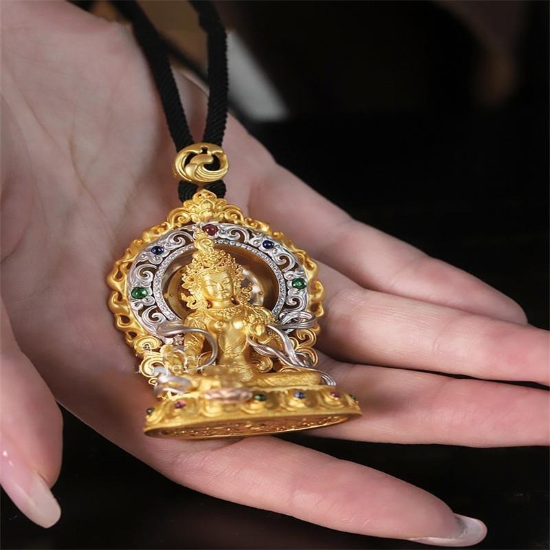 Tibetan Green Tara Pendant Inlaid Buddha Amulet Unisex Hanging Ornament