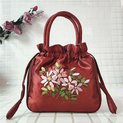 Women Ethnic Embroidered Floral Satin Handbag Girls Drawstring Tote Hanfu Bag