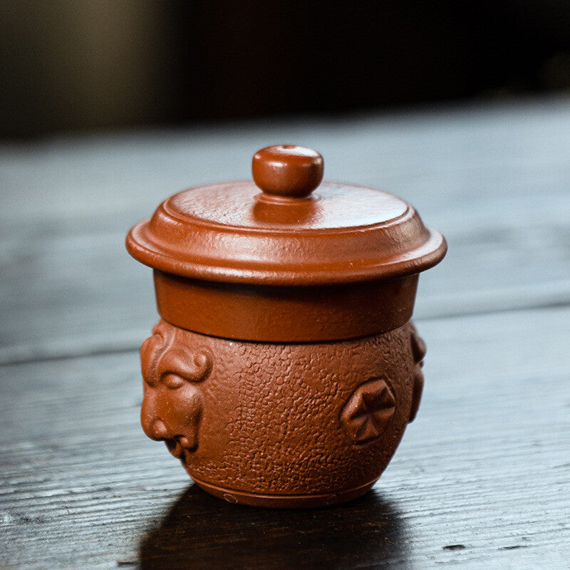 Chinese Yixing Zisha Pottery Lovable Beast Head Drum Tea Pet Statues