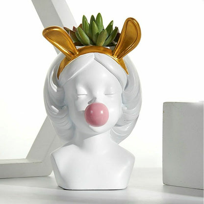 Resin Vase Cute Girl Bubble Gum Figurine Decorative Plant Flower Pot Modern Home