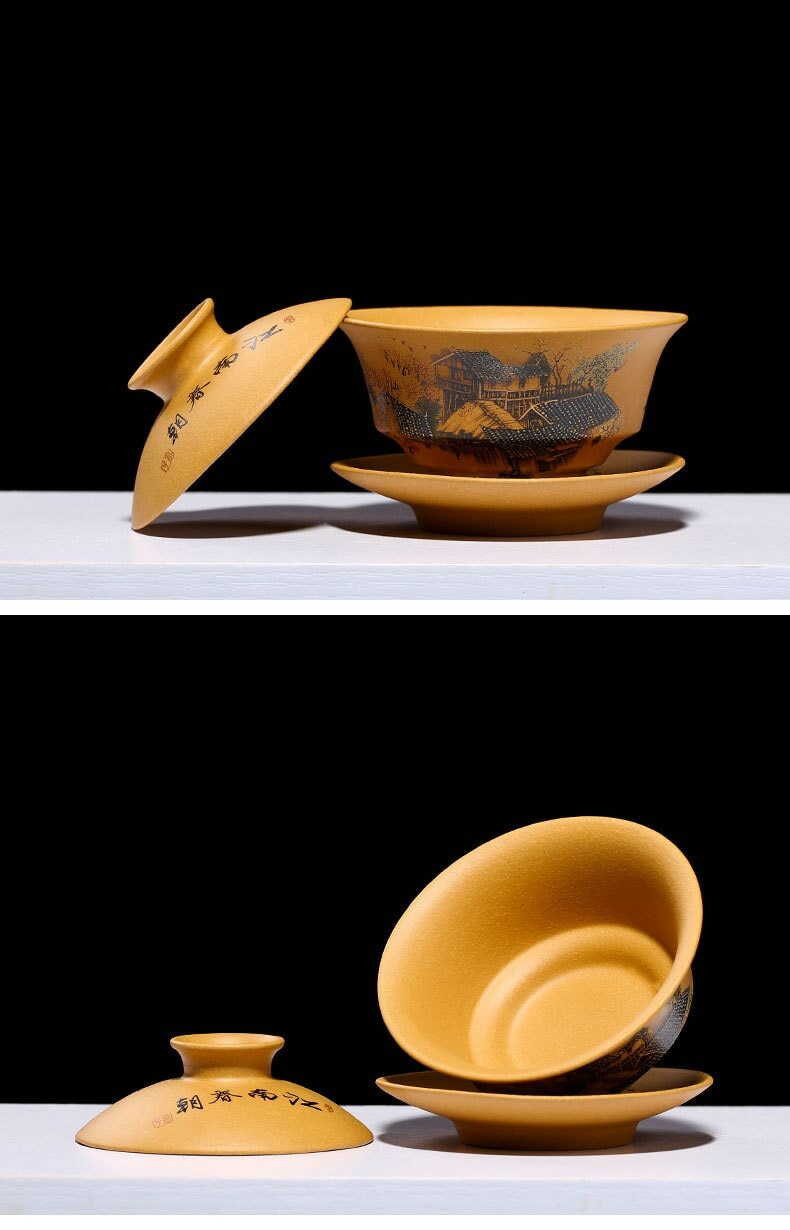 1pc Chinese Yixing Tea Cup Tureen Ore Mud Purple Clay Gaiwan Creative Teaware