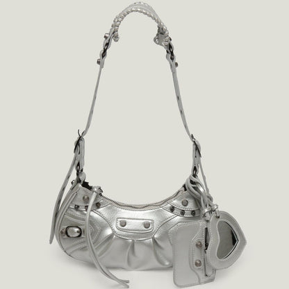 Shoulder Bag Handbag Pleated Rivet Fashion Underarm Bag Motorcycle Bag Polyester