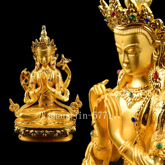 14cm Alloy Four-Arms Avalokitesvara Bodhisattva Tibetan Buddha Statue Amulet