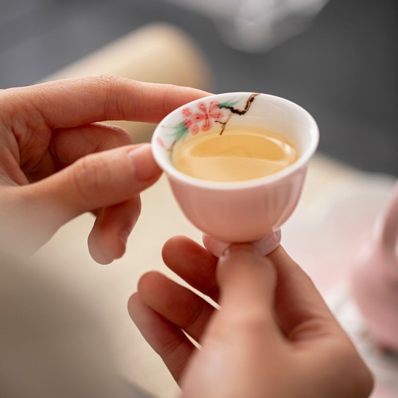 Underglaze Colour Interior Painted Peach Blossom Pink Hand Drawn Small Tea Cup
