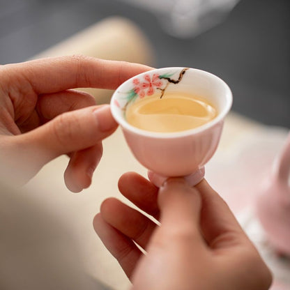 Underglaze Colour Interior Painted Peach Blossom Pink Hand Drawn Small Tea Cup