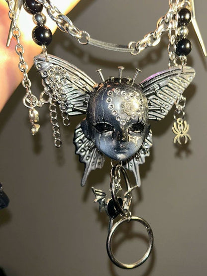 Handmade Silver Gothic Butterfly Doll Head Heavy Metal Choker Necklace