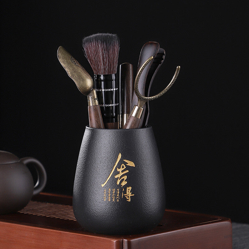 Classical Chadao Tea Accessories 6pcs Porcelain Vase Ebony Wood Cup Holder Spoon