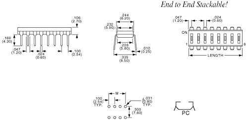 10 Pack 8 Switch DIP Switch, 16-pin, End to End Stackable, Low Profile (20.3mm)