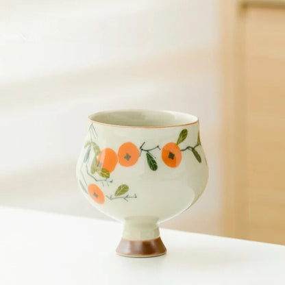 Hand Painted Persimmon Ceramic Teacup Grass Ash Tea Bowl High Foot Cups