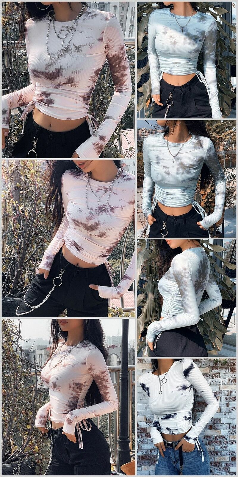 Women T-Shirt Tie Dye Ribbed Long Sleeve Drawstring Crop Tops Skinny Streetwear
