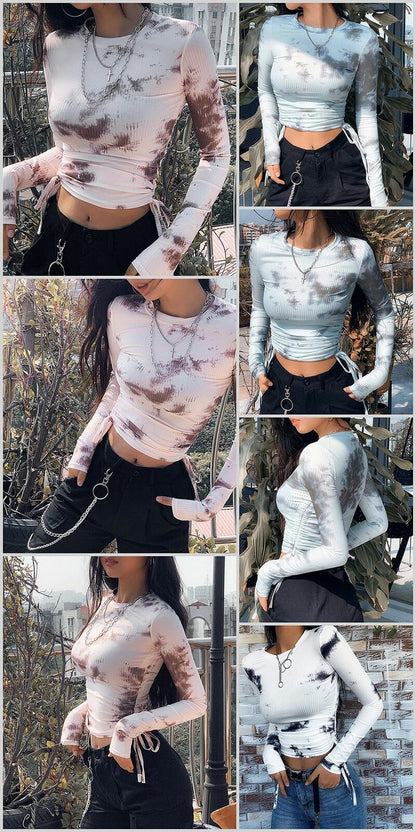 Women T-Shirt Tie Dye Ribbed Long Sleeve Drawstring Crop Tops Skinny Streetwear