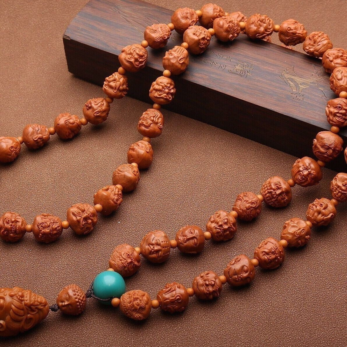 Walnut Carved 108 Arhat Beaded Necklace 54 Beads Buddhist Prayer Mala