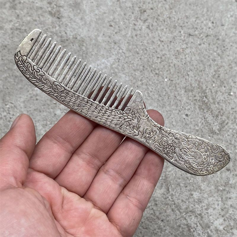 Handmade Tibetan Silver Comb Dragon Phoenix Carved Hair Comb Decorative Piece