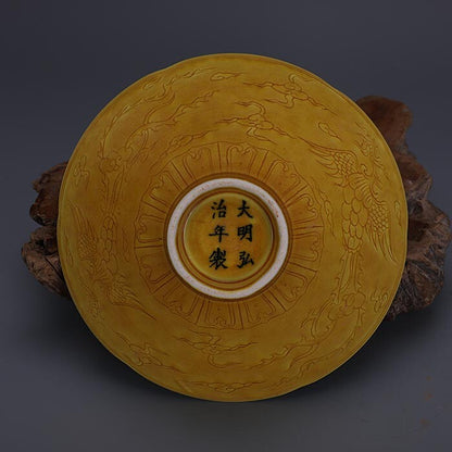 6.5" Collect Chinese Ming Porcelain Yellow Glaze Animal Two Phoenix Douli Bowl