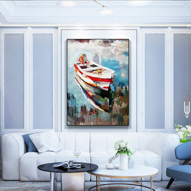 Modern minimalist decorative painting landscape oil painting boat mooring lroom