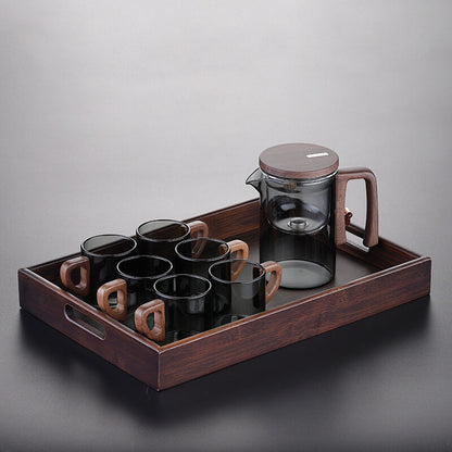 Boutique Tea Pot Matching Cup Glass Wood Handle Tea Tray Tea Water Separation