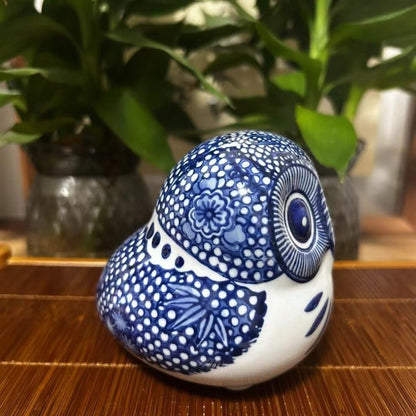 Blue and White Porcelain Owl Figurine (10cm) - Cute Tea Pet Desktop Decor