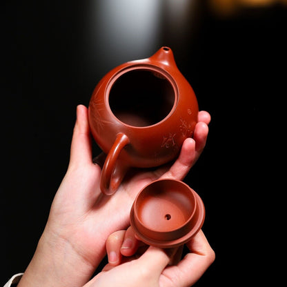 Real Yixing Zisha Dahongpao Clay Teapot Xishi Handmade Bamboo Carved Basket Hole