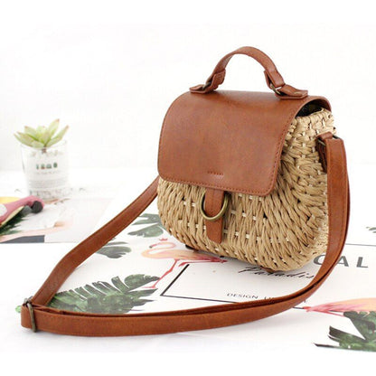 Vintage Straw Bag Crossbody Beach Purse Casual Weaving Rattan Handbag Polyester