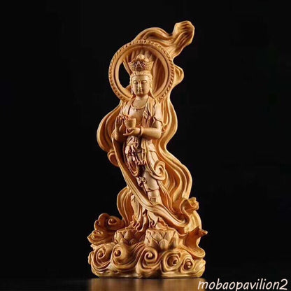 16cm Handcarved Cypress Wood Guanyin Bodhisattva Enshrine Buddha Statue Ornament