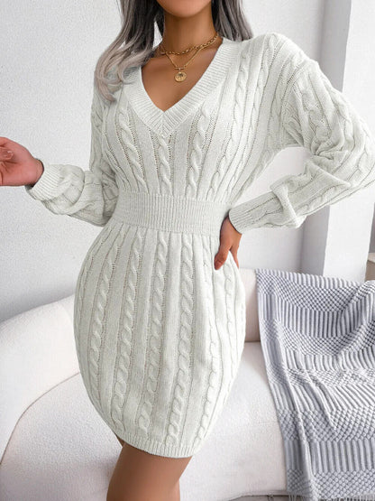 Women's Sweater Dress V-neck Long Sleeve Dresses Autumn Winter Pullover