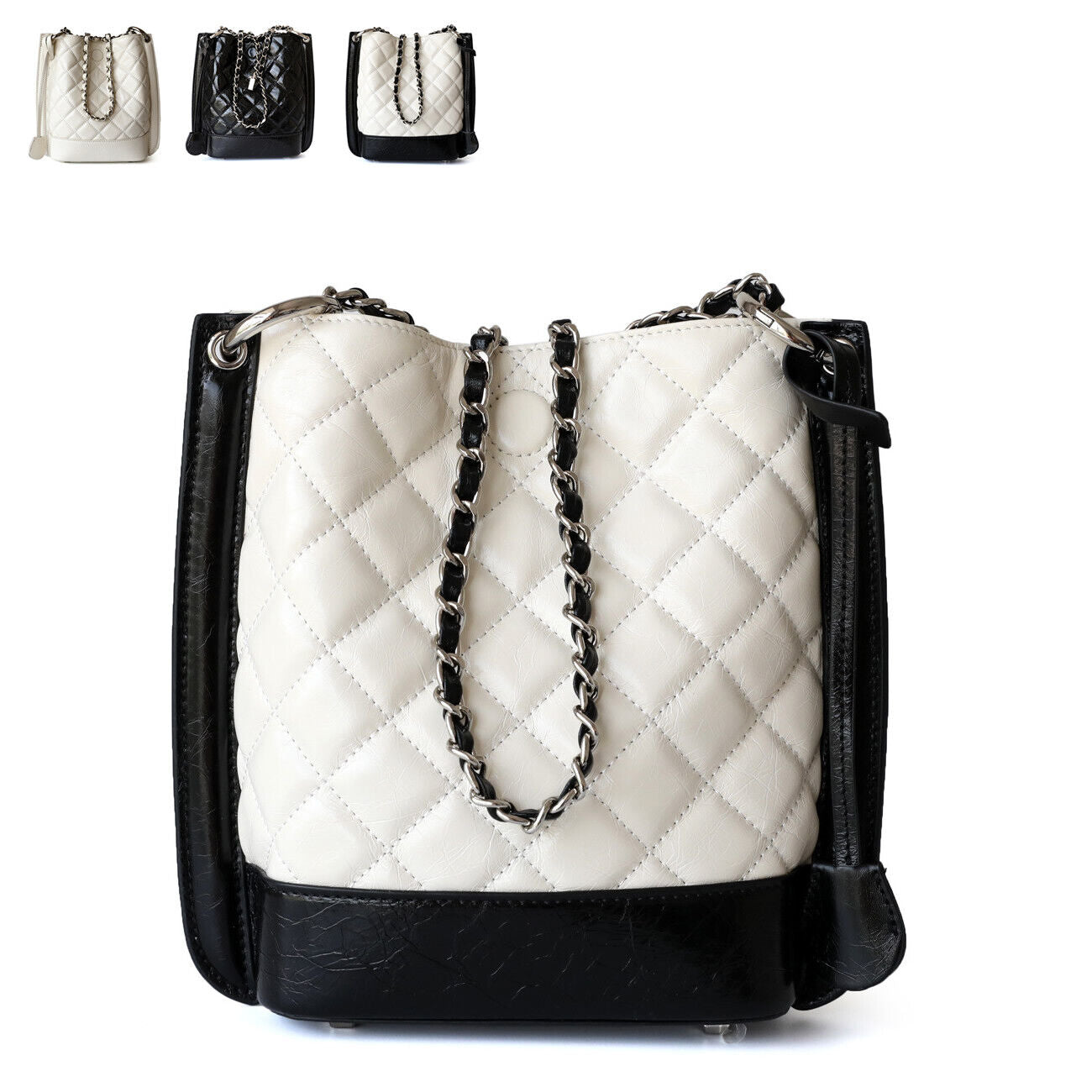 Small Quilted Real Leather Bucket Shoulder Bag Tote Purse Handbag Fashion Chains