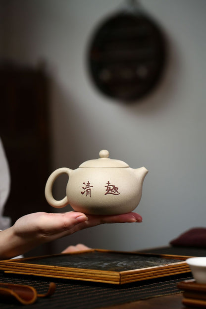 Chinese 100% Real Yixing Zisha White Duan Clay Floral Relief Carved Xishi Teapot