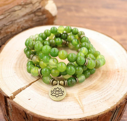 108 Mala Beads Natural African Jade Stone Lotus Pendant Necklace for Healing