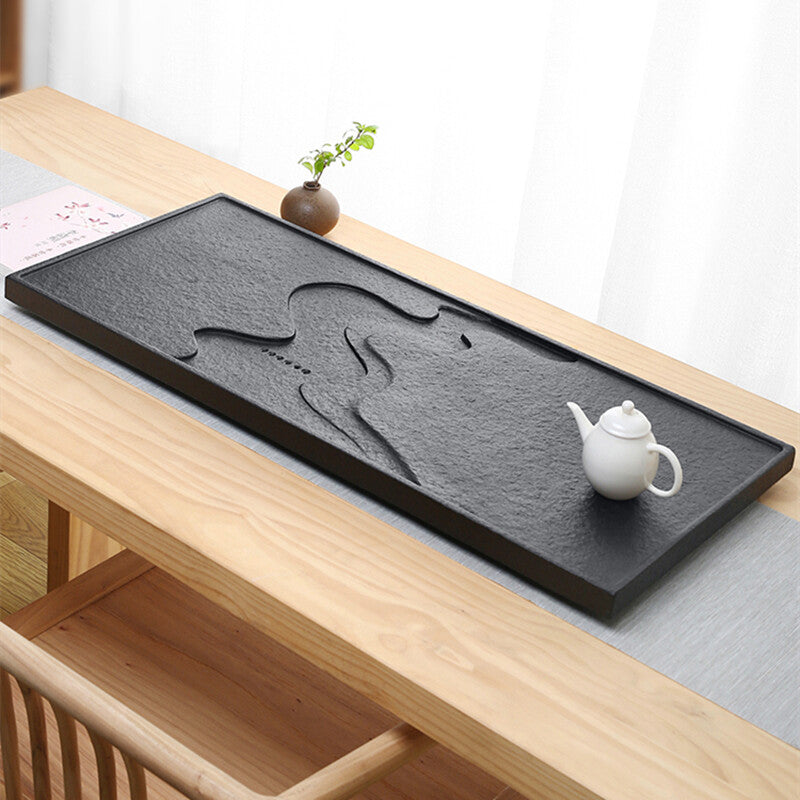China Black Stone Tea Tray Engraved Serving Tray Water Draining Tea Boat Heavy