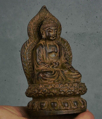 3.8" Old Tibet Buddhism Bronze Sakyamuni Tathagata Buddha Lotus Backlight Statue