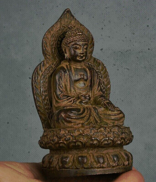 3.8" Old Tibet Buddhism Bronze Sakyamuni Tathagata Buddha Lotus Backlight Statue