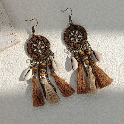 Bohemian Tassel Earrings - Shell Accent Maillard Tone Dangle Drops