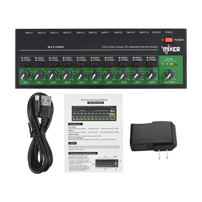 1 PC 10 Channel Stereo Mono Audio Mixer 6.35mm Input Output TRS/TS Jacks