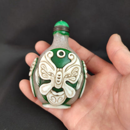 Old Peking Glass Snuff Bottle box overlay snuffbox mask carvings folk art rare