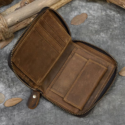 Real Leather Coin Wallet Zip Men Women Short Wallet Purse Zipper Brown Small