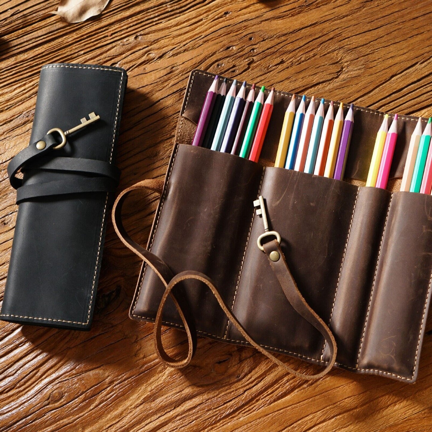 Handmade Cowhide Leather Pen Pouch Roll-up Pencil Case Bag Stationery Storage