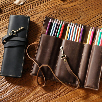 Handmade Cowhide Leather Pen Pouch Roll-up Pencil Case Bag Stationery Storage