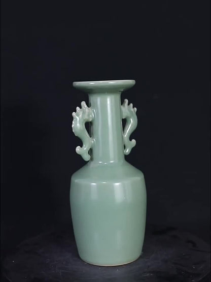 Chinese Song Dynasty Longquan Kiln Plum Green Celadon Double Dragon Vase