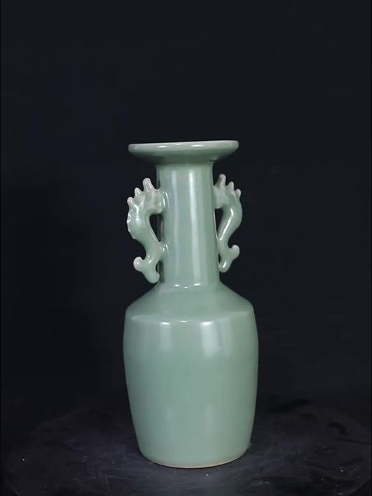 Chinese Song Dynasty Longquan Kiln Plum Green Celadon Double Dragon Vase
