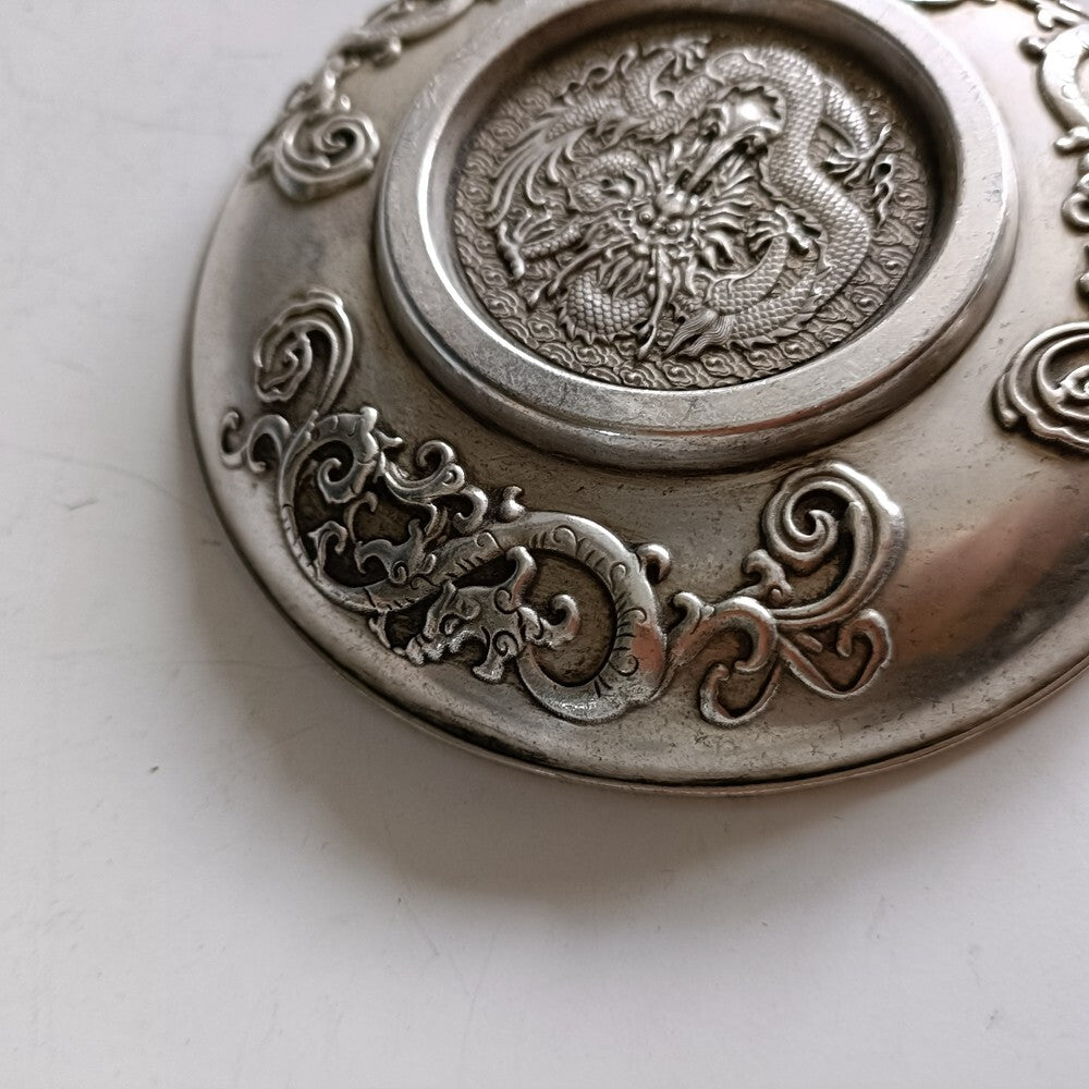 Exquisite Chinese old Tibetan silver hand-carved dragon and phoenix plate-