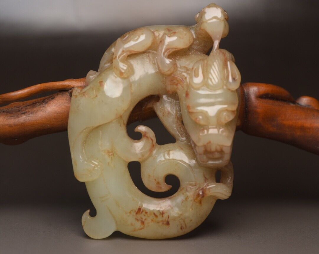 Chinese Antique Natural Hetian Jade Carved Dragon Statue Sculpture Nice Artwork