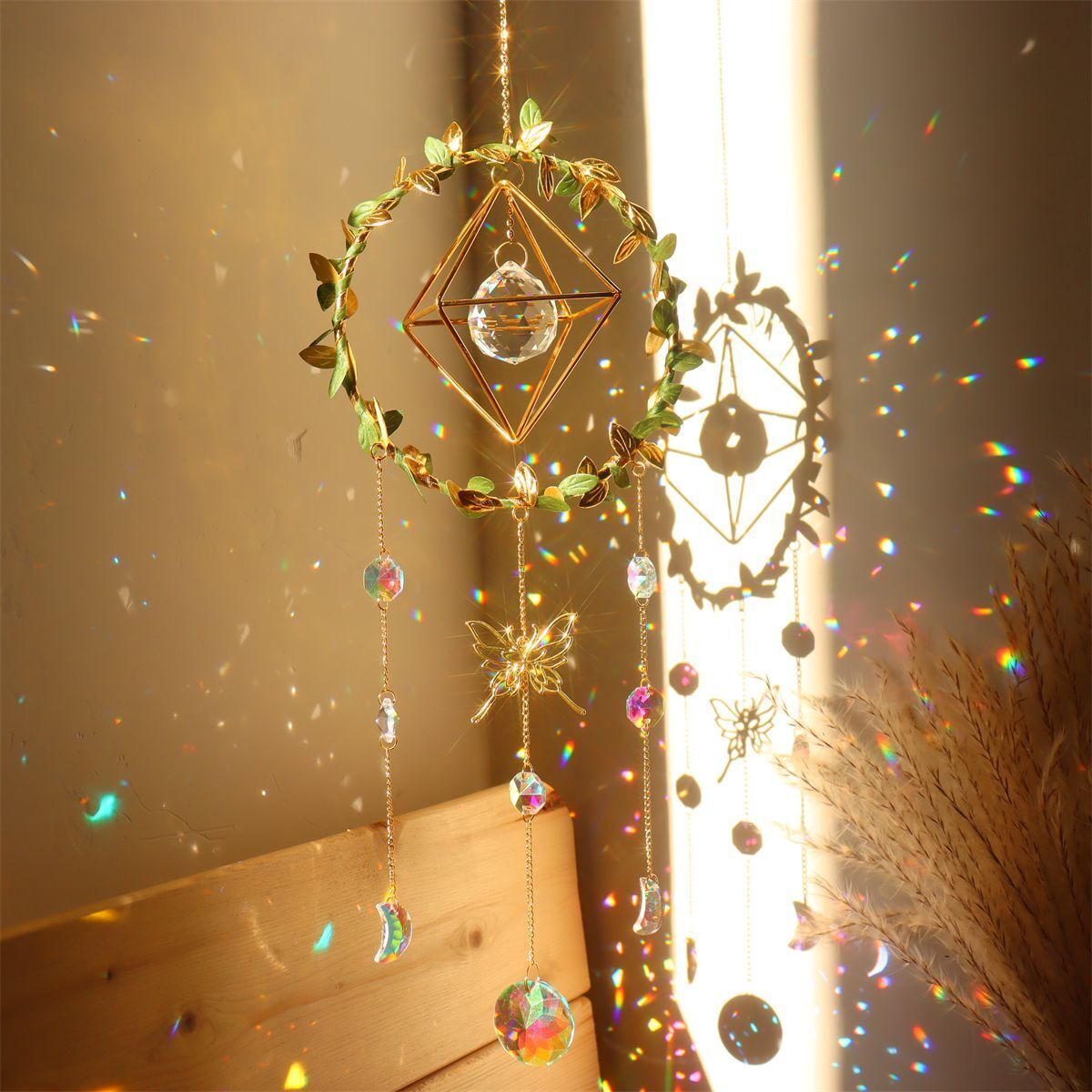 Wind Chimes K9 Crystals Star Moon Vine Winding Butterfly Hanging Rainbow Chasers