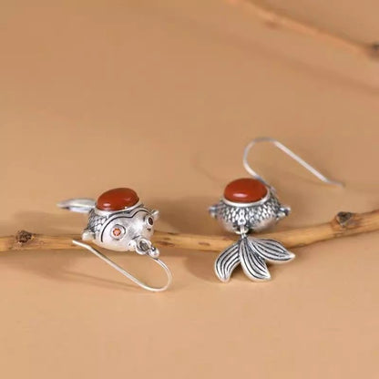 Retro Goldfish Earrings Red Garnet Inlay New Chinese Style Dangle Drops