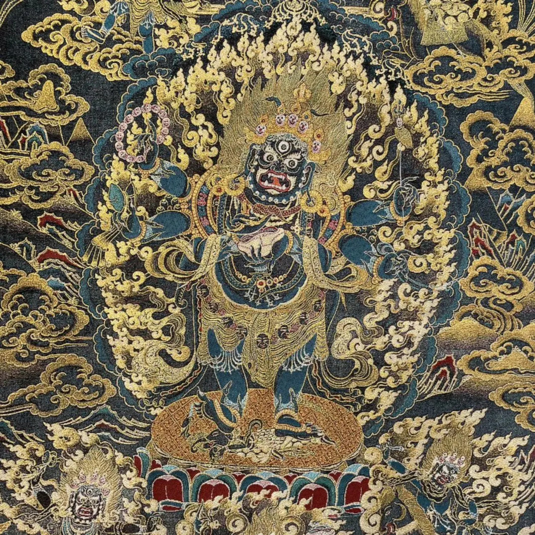 35" Tibetan Buddhism Embroidery Black Jambhala Six Arm Mahakala Buddha Thangka