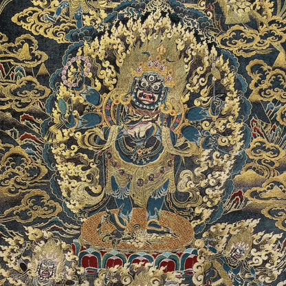 35" Tibetan Buddhism Embroidery Black Jambhala Six Arm Mahakala Buddha Thangka