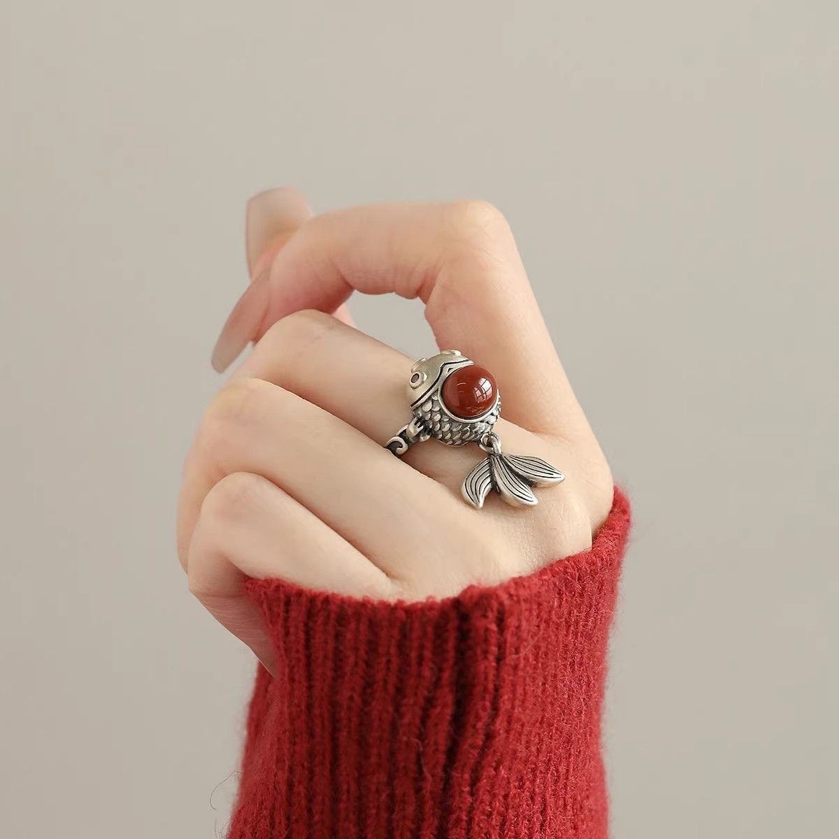 Vintage Chinese Koi Fish Ring Red Agate Adjustable Retro New Chinese Style Band