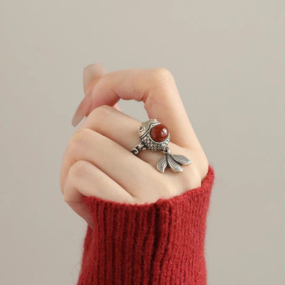 Vintage Chinese Koi Fish Ring Red Agate Adjustable Retro New Chinese Style Band