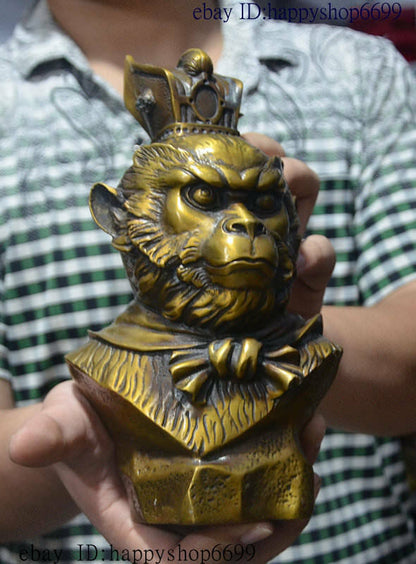 9" Chinese Buddhism Temple Pure Bronze Monkey King Sun Wukong Buddha Head Statue