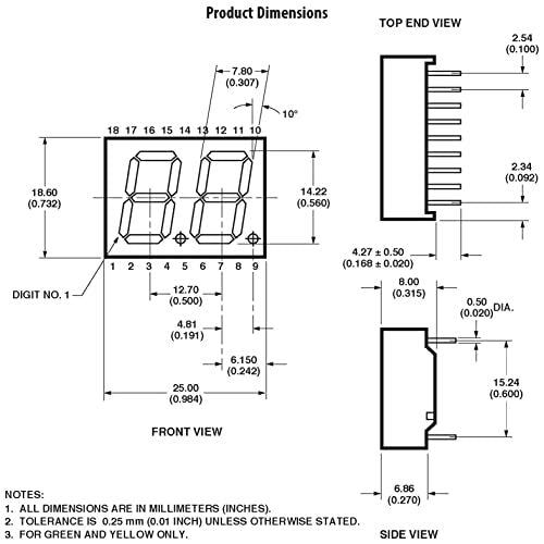15 Pack Common Anode 2 Digits 18 Pin Red LED 7-Segment Display
