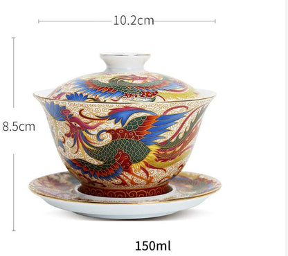150ml Ceramic Phoenix Pattern Gaiwan Tea Set Tea Bowl Tea Cup Tureen Decor